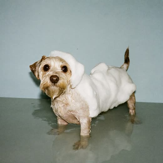 A small terrier mid-bath, coat covered in shampoo foam